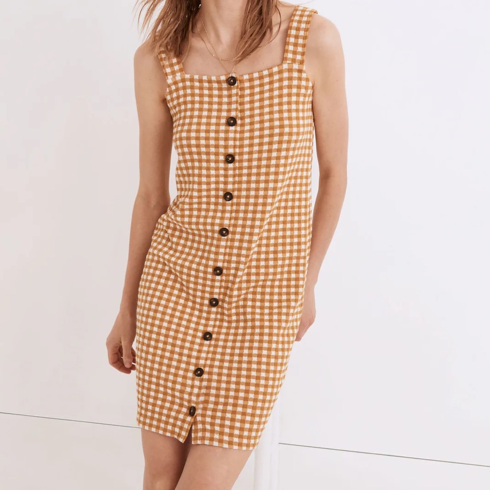 Madewell Jacquard Button-Front Mini Dress in Gingham Check antique gold size XXS